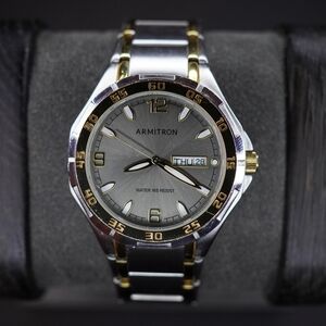Armitron Day Date Spanish Water Resistant Chrono Stainless Two Tone Watch Quartz